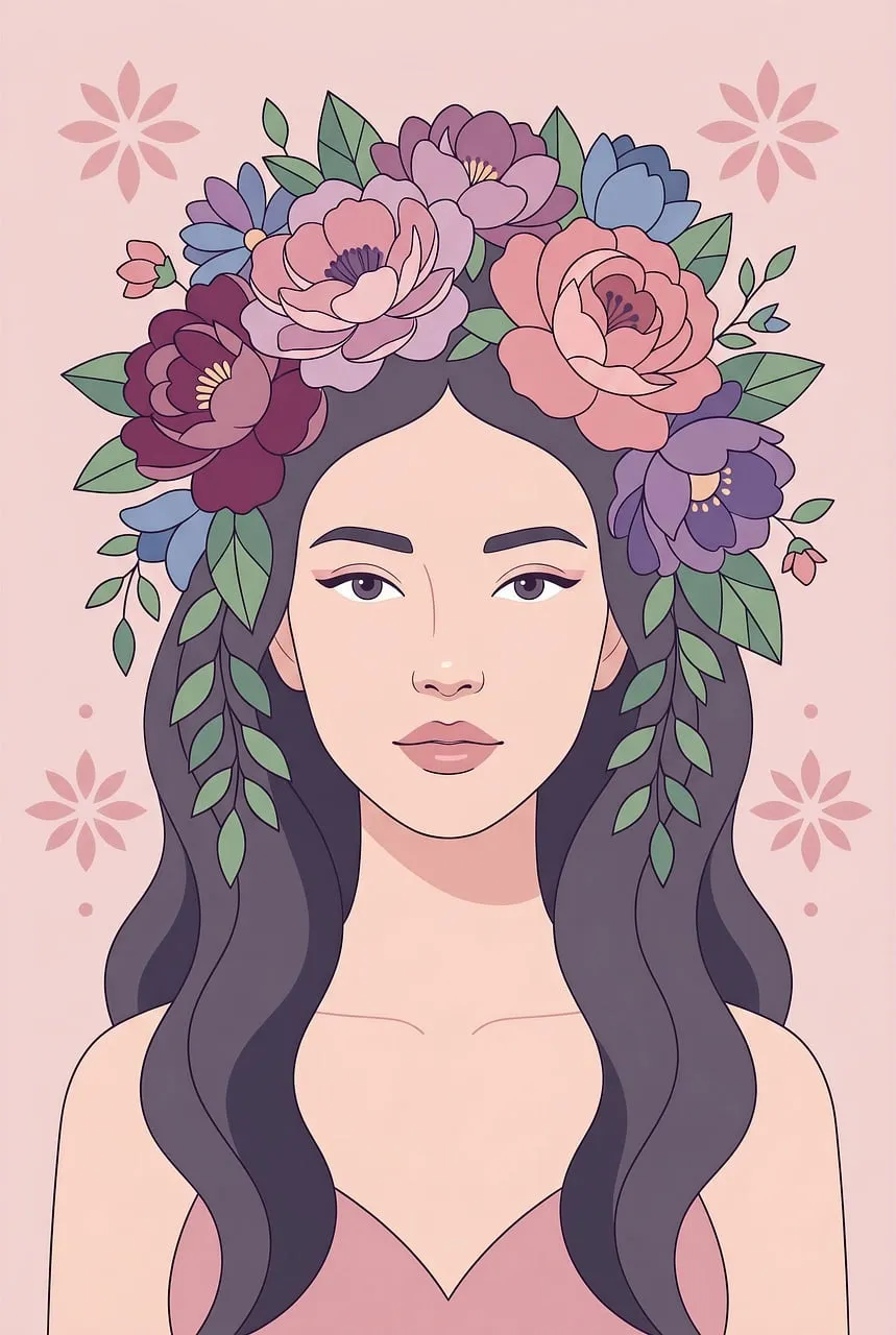 Enchanting Floral Crown Beauty: Pastel Art Illustration