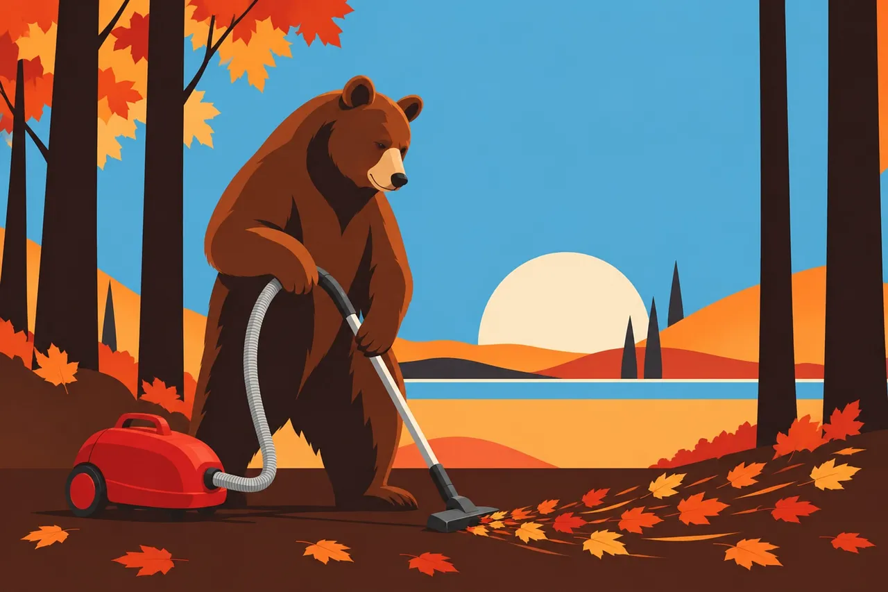 Humorous Autumn Bear Vacuuming Forest Leaves at Sunset