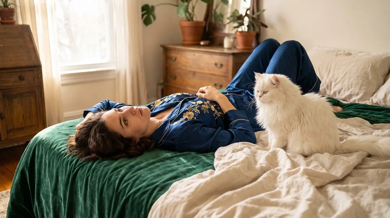 Cozy Catnap: Woman and White Cat Relaxing in Bedroom