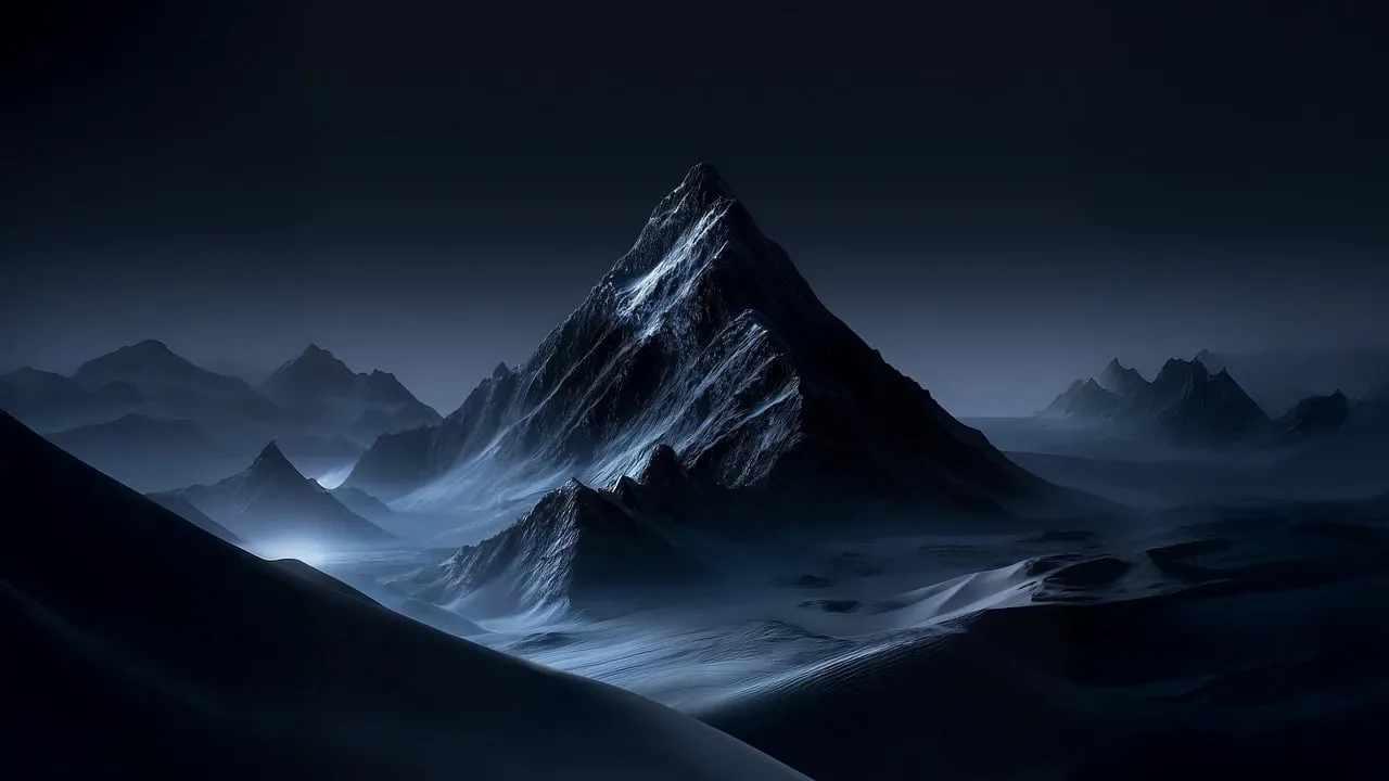 Dramatic Winter Night: Majestic Mountain Peak Amidst Misty Wilderness