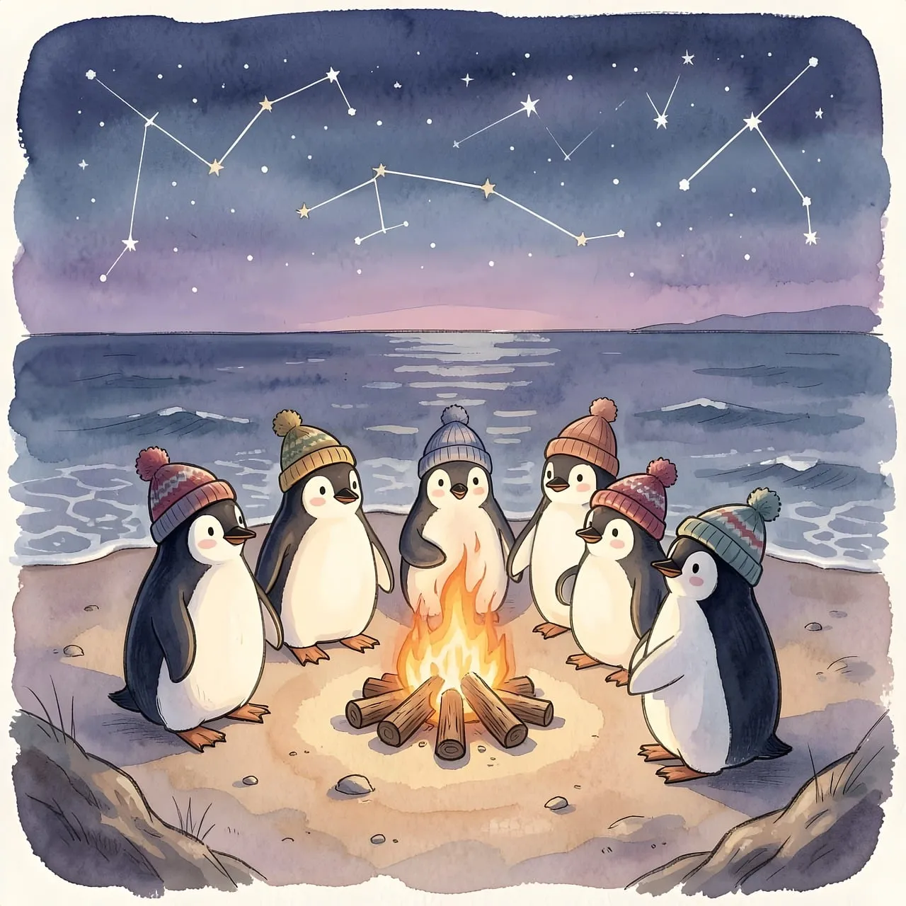 Stargazing Penguins: Whimsical Beach Campfire Under Constellations