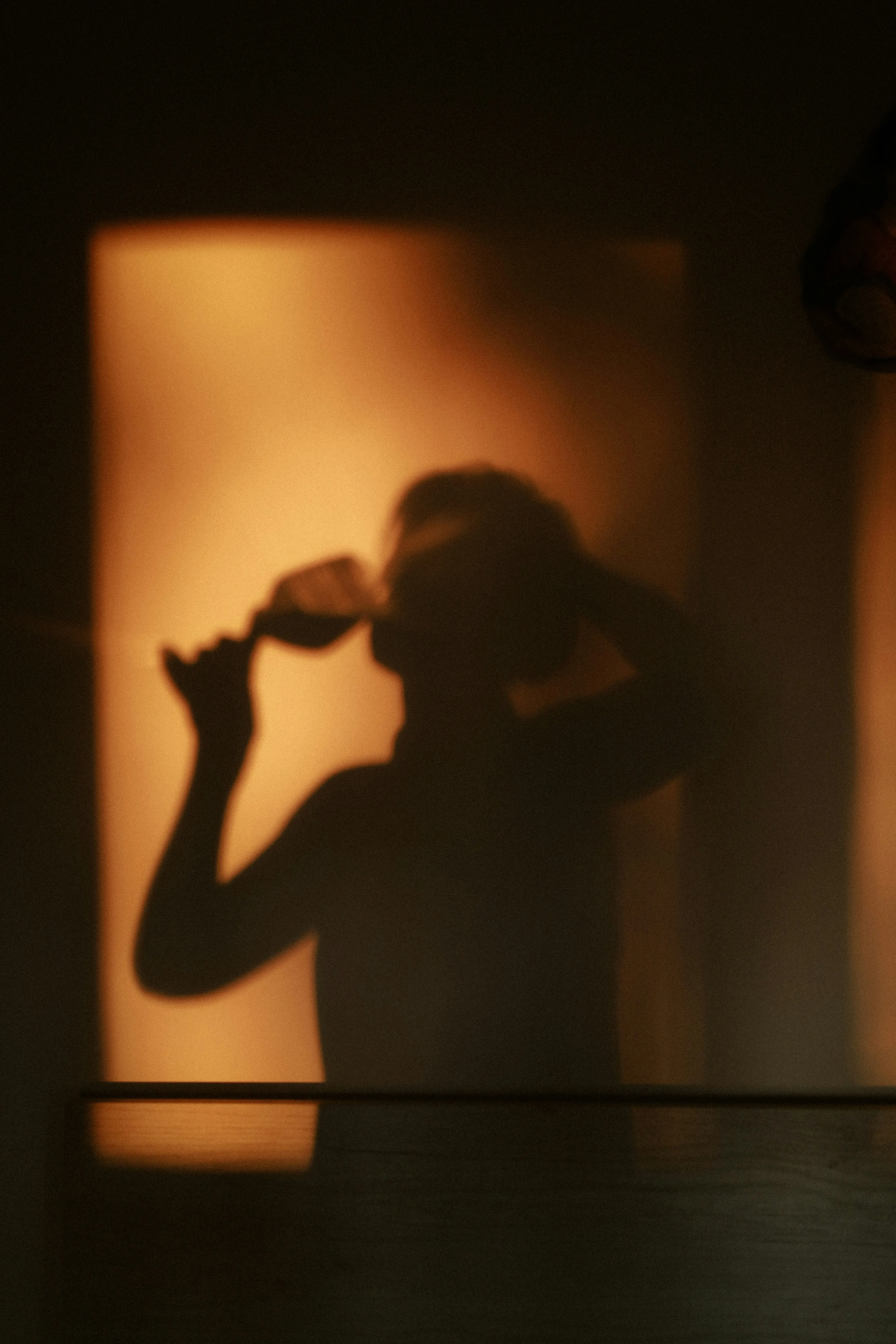 Enigmatic Shadows: Silhouette of Person Drinking Wine in Warm Light