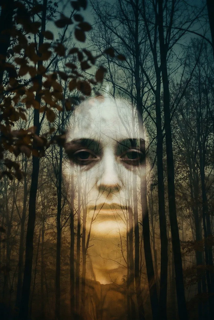 Haunting Forest Face: Ethereal Mystery in Autumn Woods