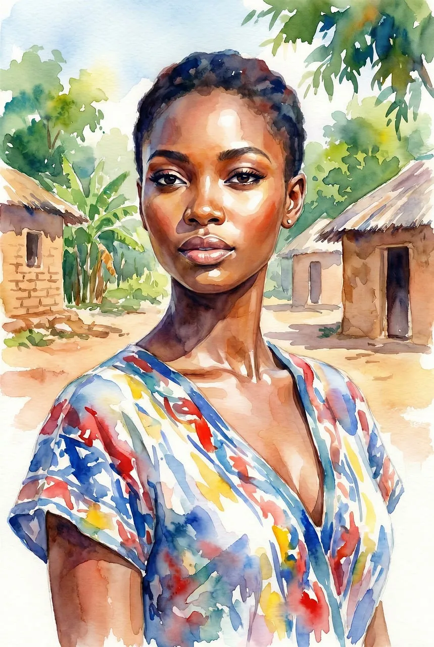 Captivating Watercolor: African Beauty in a Vibrant Village Scene