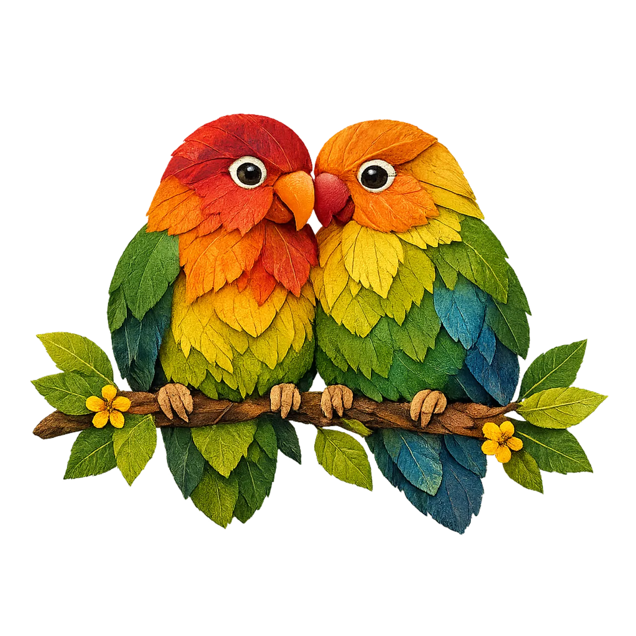 Vibrant Lovebirds: A Romantic Leaf Art Illustration