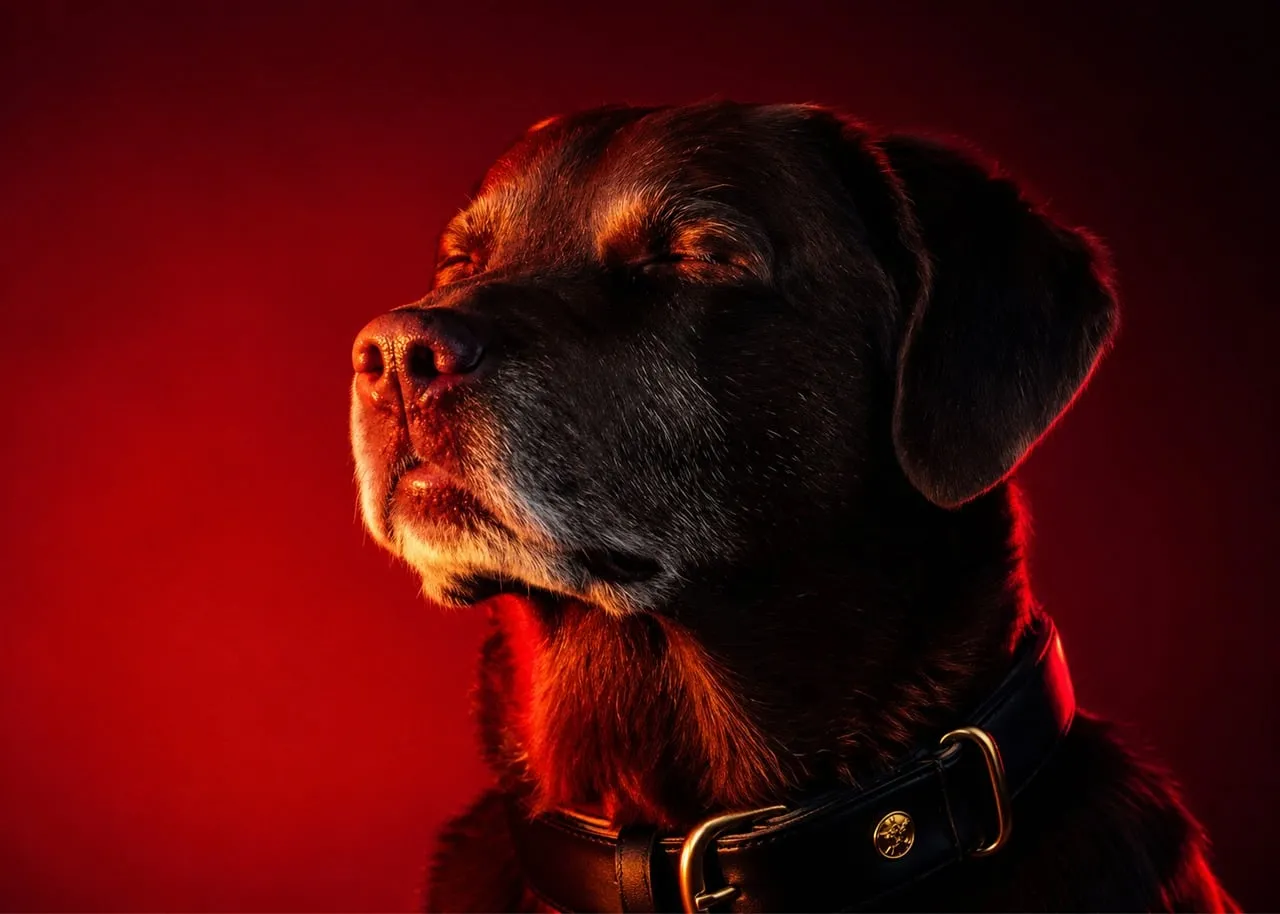Serene Black Labrador in Red Light: A Meditative Portrait