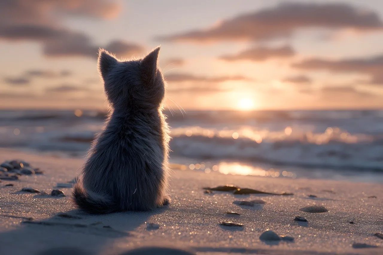 Enchanting Sunset Gaze: A Kitten's Beachside Reverie