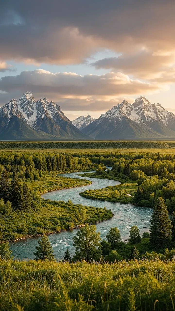 Breathtaking Mountain River Panorama at Golden Hour