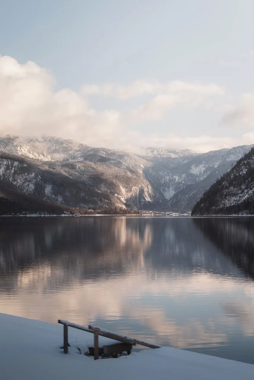 Winter Serenity: Snow-Capped Mountains Reflected in Tranquil Lake