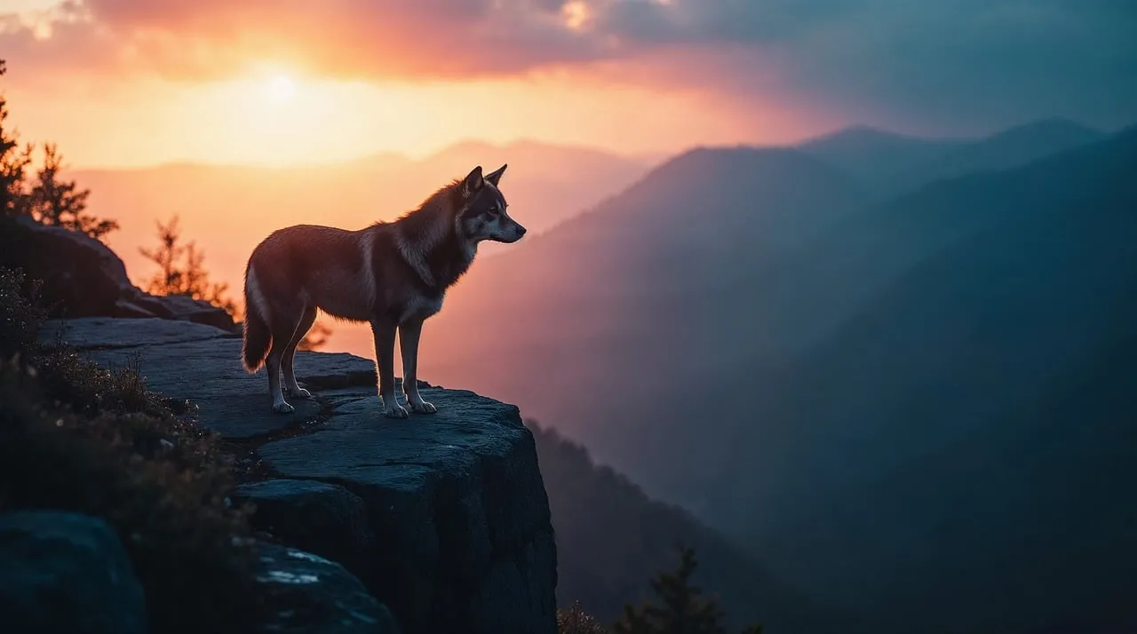 Majestic Wolf Overlooking Sunset Mountains