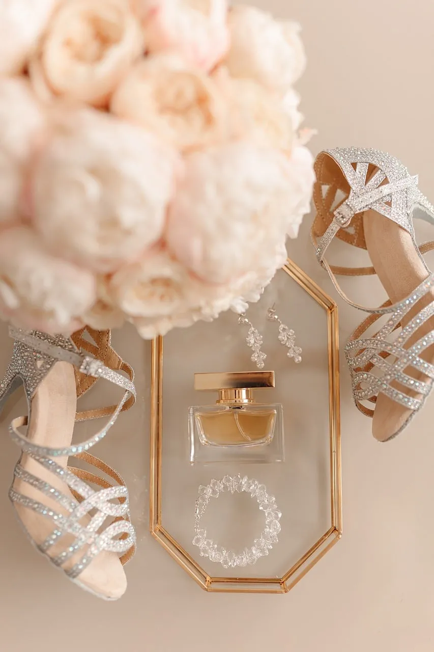 Elegant Bridal Essentials: Perfume, Shoes, and Floral Luxury