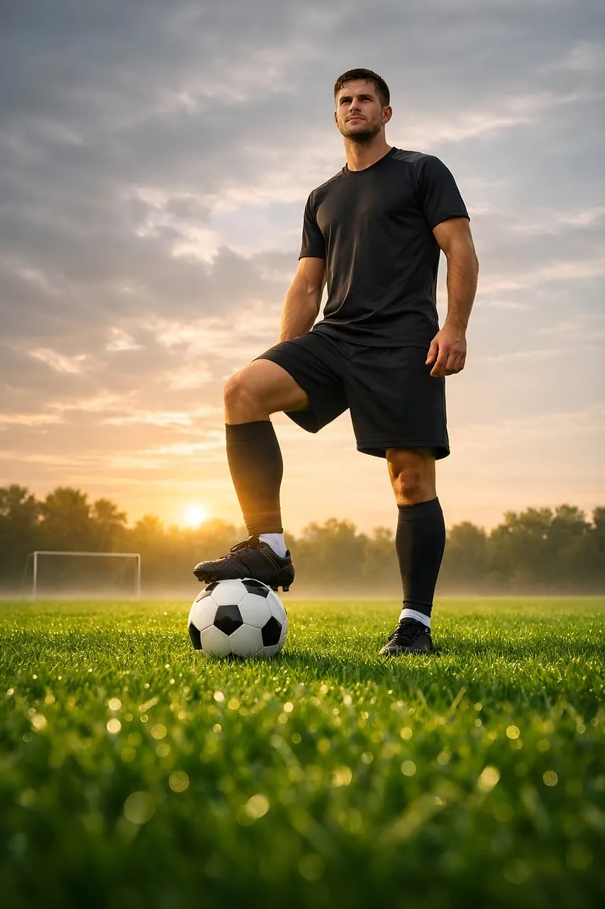Golden Hour Glory: Soccer Player's Sunset Stand
