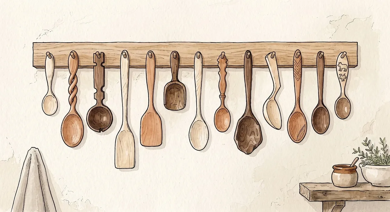 Charming Hand-Carved Wooden Spoons: A Rustic Kitchen Display
