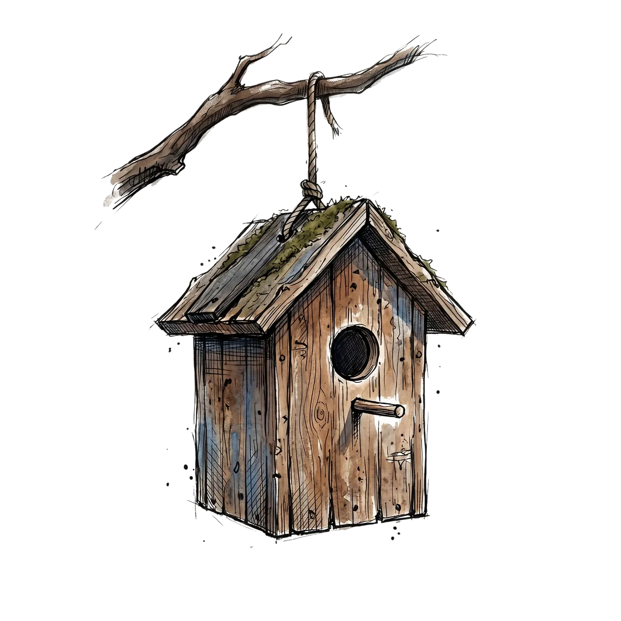 Rustic Charm: Hand-Drawn Birdhouse Illustration on a Branch