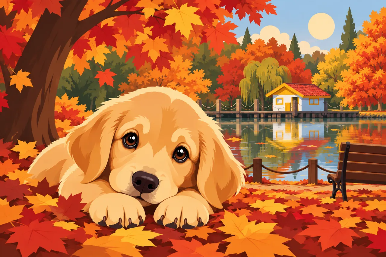 Adorable Golden Retriever Puppy in a Vibrant Autumn Park