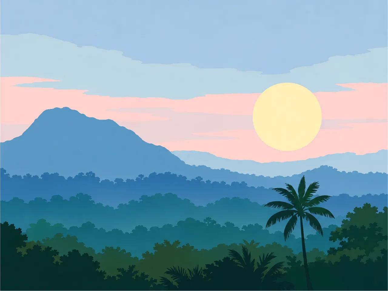 Serene Tropical Dawn: Misty Mountains and Palm Silhouette