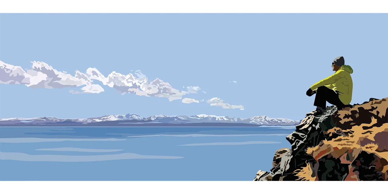 Serene Solitude: Hiker's Panoramic Mountain Lake View