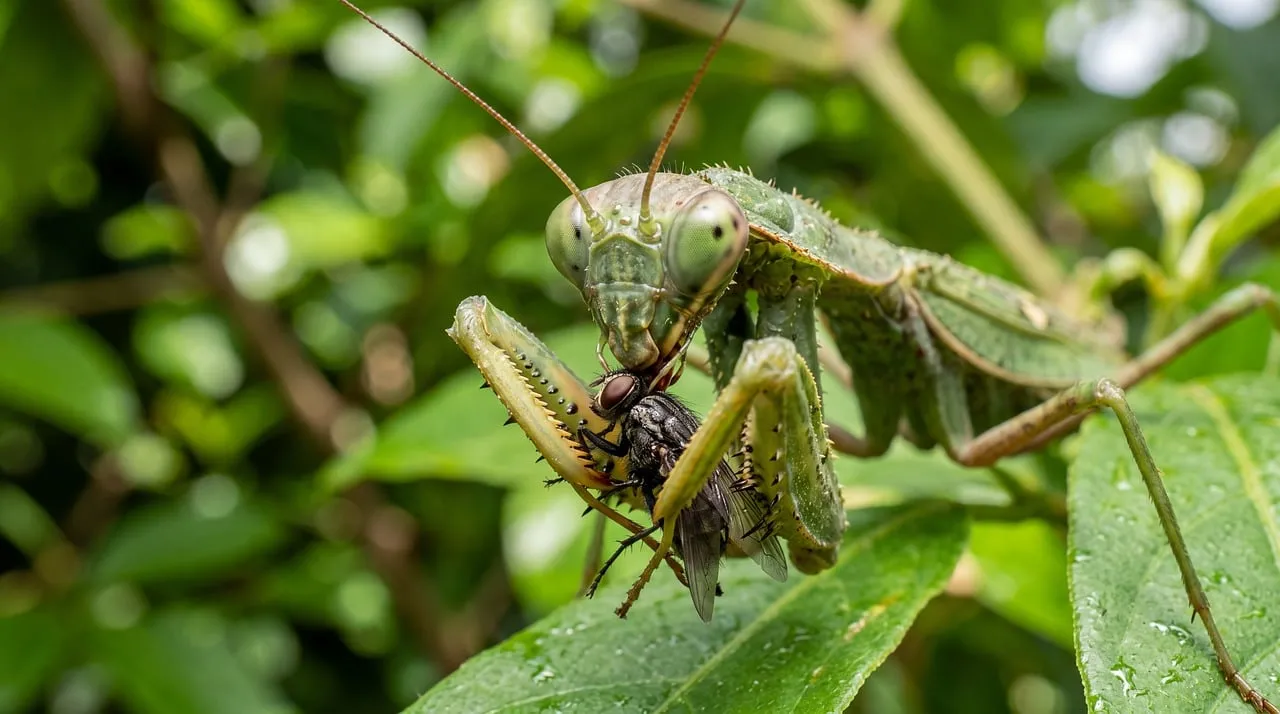 Intense Predator: Praying Mantis Devours Fly in Stunning Macro