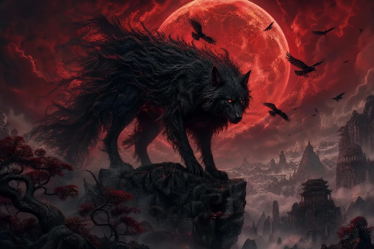 Mystical Crimson Moon: Wolf's Haunting Silhouette in a Gothic Landscape