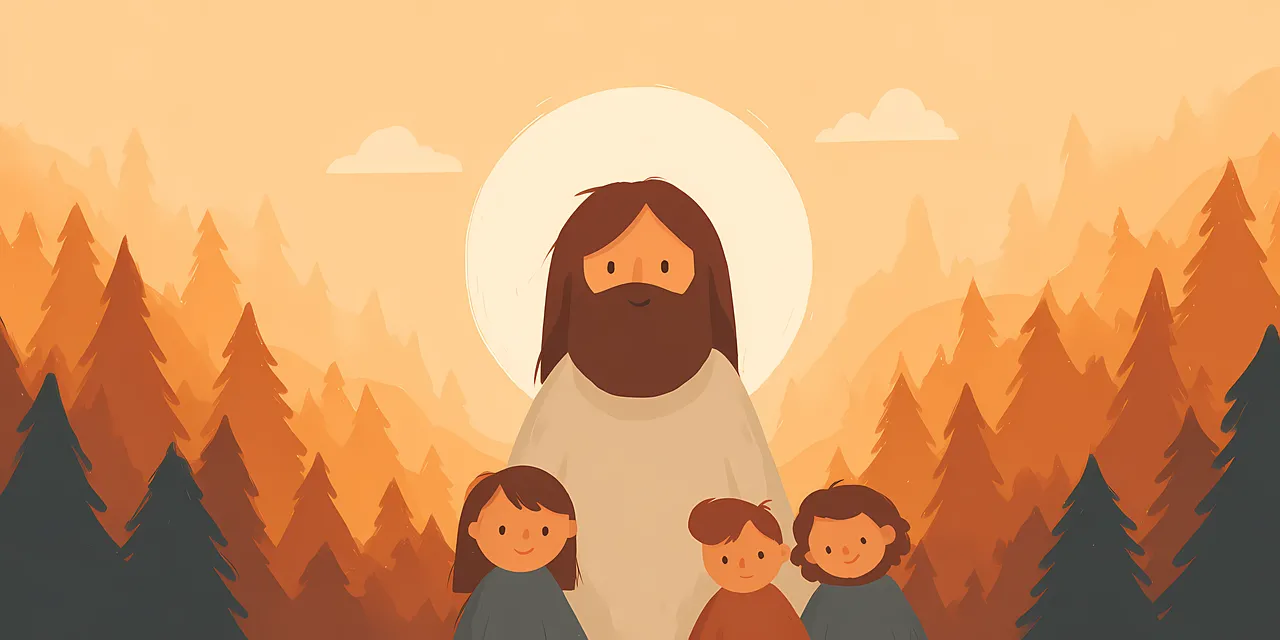 Divine Peace: Jesus and Children in a Serene Forest Dawn