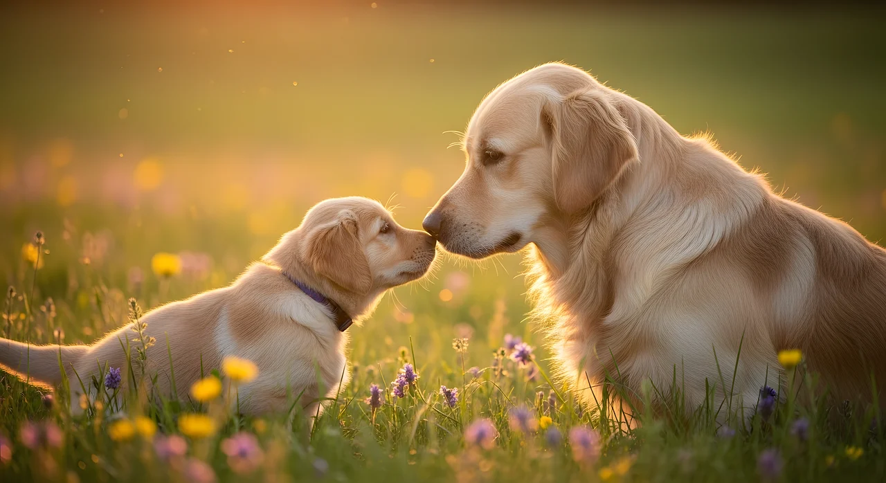 Golden Hour Affection: Puppy and Dog in Sunset Meadow
