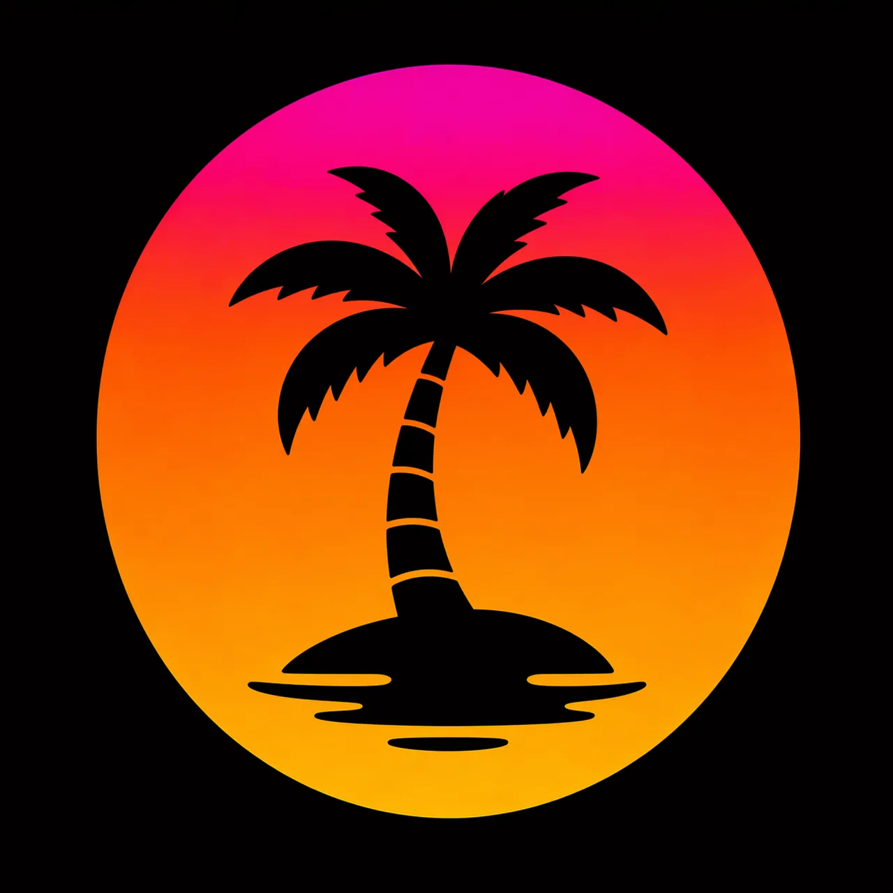 Vibrant Neon Sunset: Tropical Palm Island Silhouette
