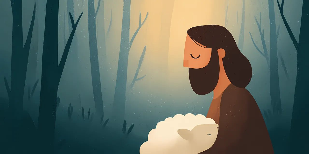 Divine Solitude: Jesus Embracing a Lamb in a Tranquil Forest