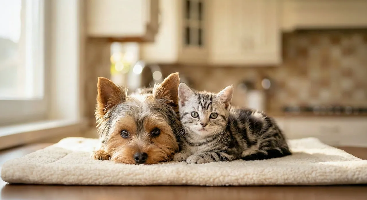 Adorably Cozy: Yorkie Puppy and Tabby Kitten Napping Together