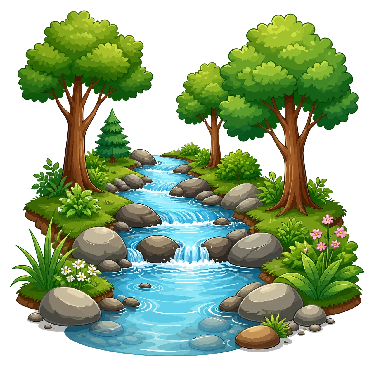 Vibrant Cartoon Forest Stream: A Peaceful Nature Landscape