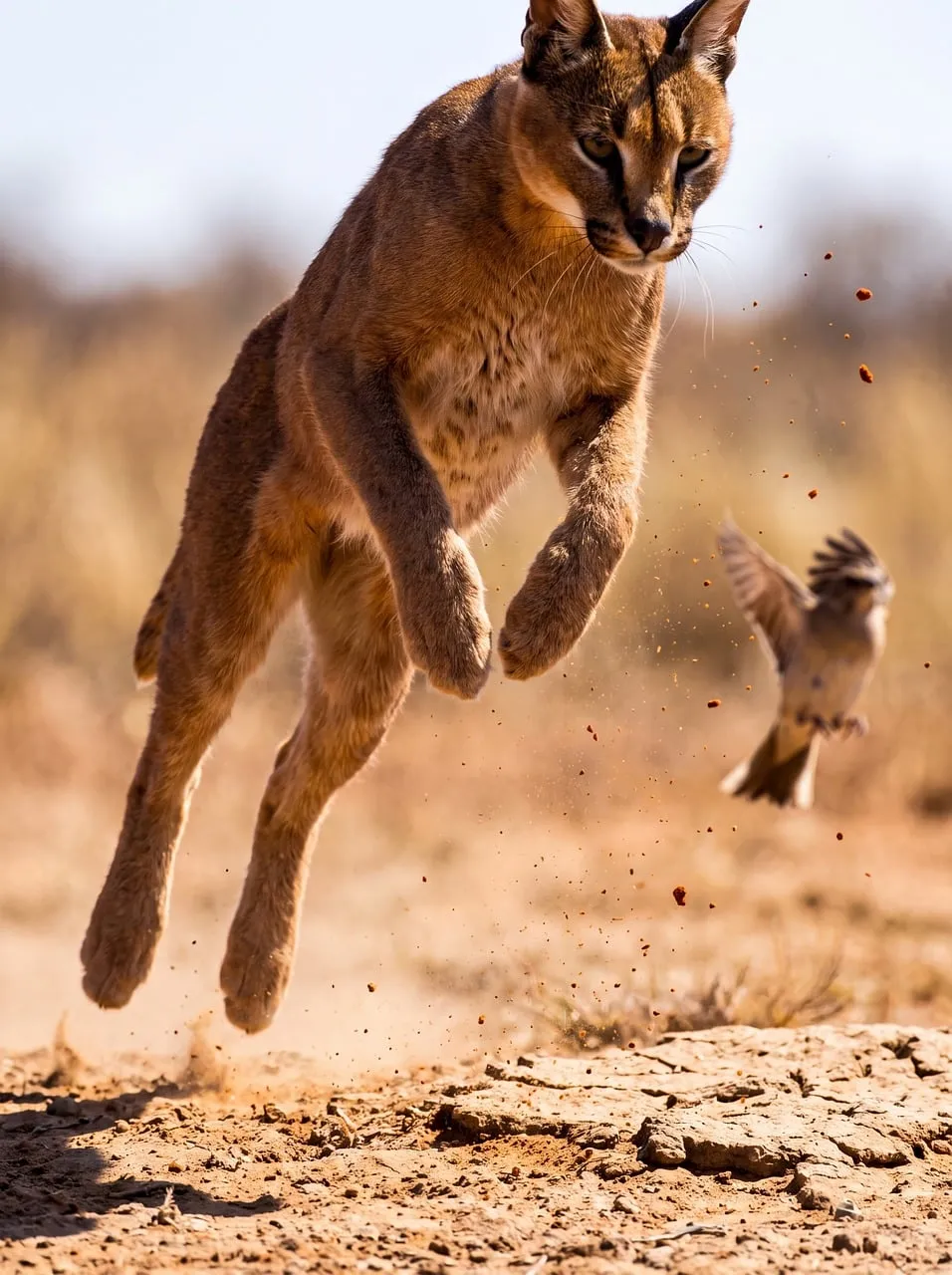 Dynamic Caracal Leap: Predator's Mid-Air Chase