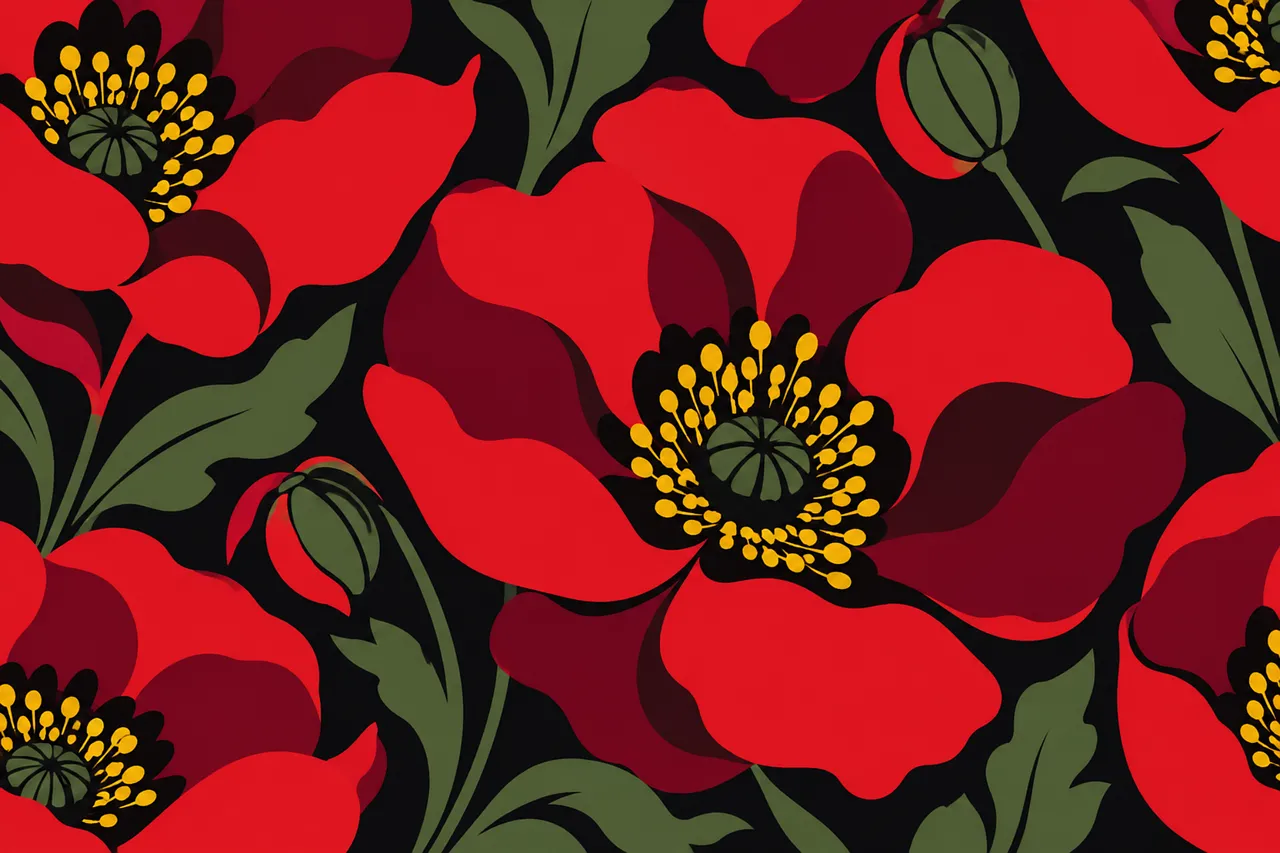 Dramatic Red Poppy Floral Pattern on Dark Background