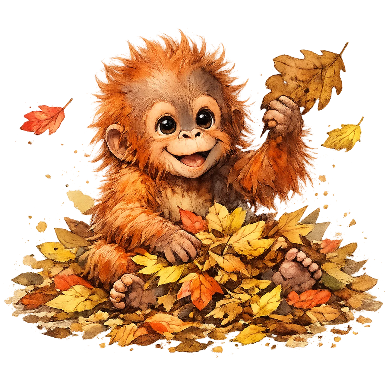 Adorable Baby Orangutan Joyfully Playing in Autumn Leaves