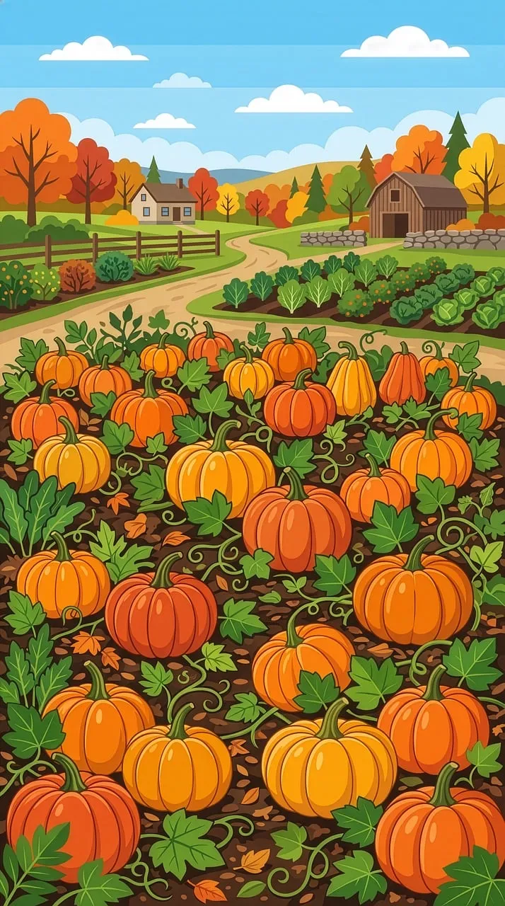 Vibrant Autumn Harvest: A Picturesque Pumpkin Patch Illustration