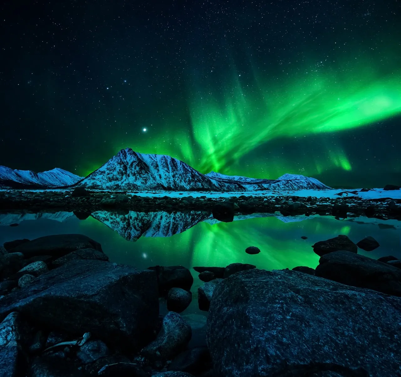 Breathtaking Aurora: Arctic Winter Nights Dance Over Majestic Mountains
