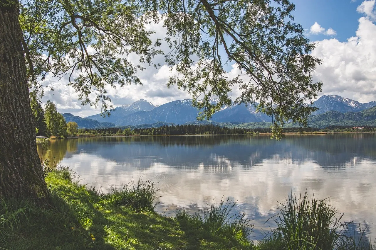 Serene Alpine Reflection: Bavarian Lake and Majestic Mountains