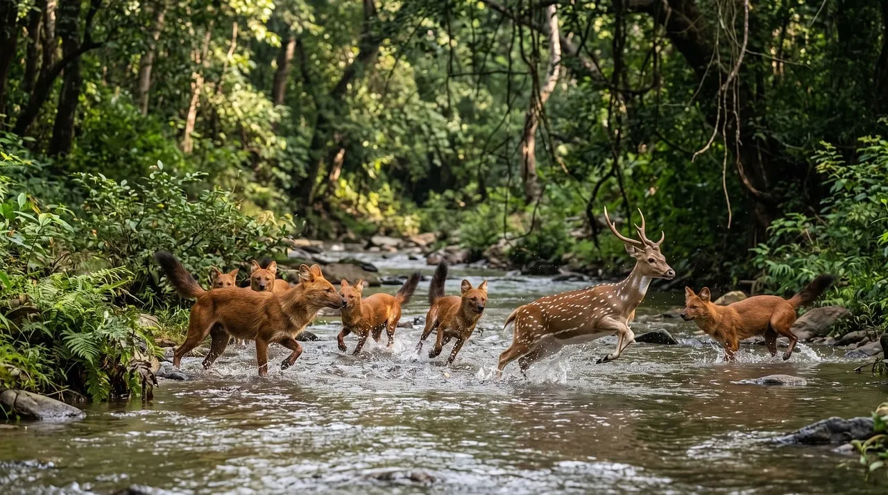 Thrilling Pursuit: Asiatic Wild Dogs Chase Deer in Jungle River