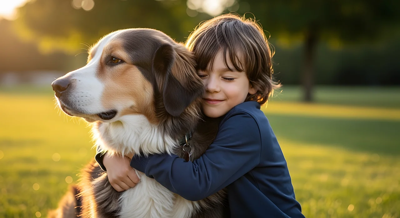 Heartwarming Sunset Hug: Boy and Dog Embrace in Golden Light