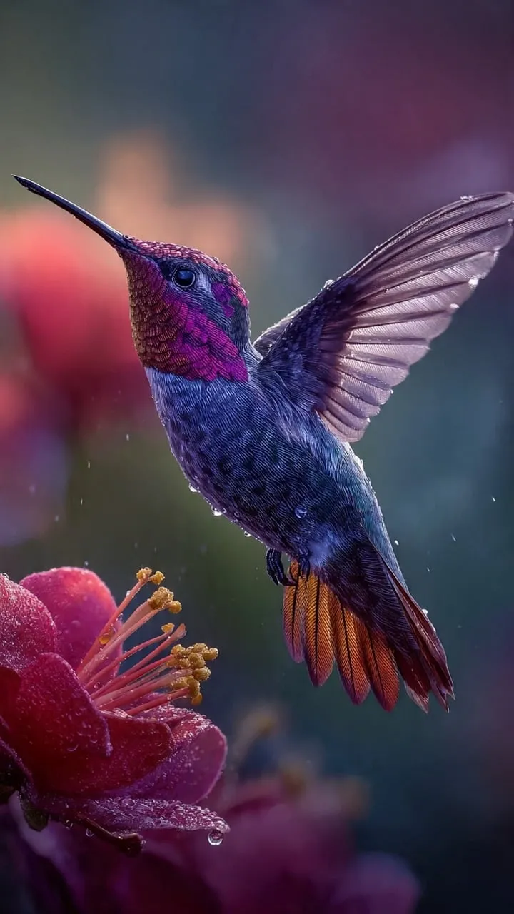 Vibrant Hummingbird Feeding on Dew-Kissed Blossom