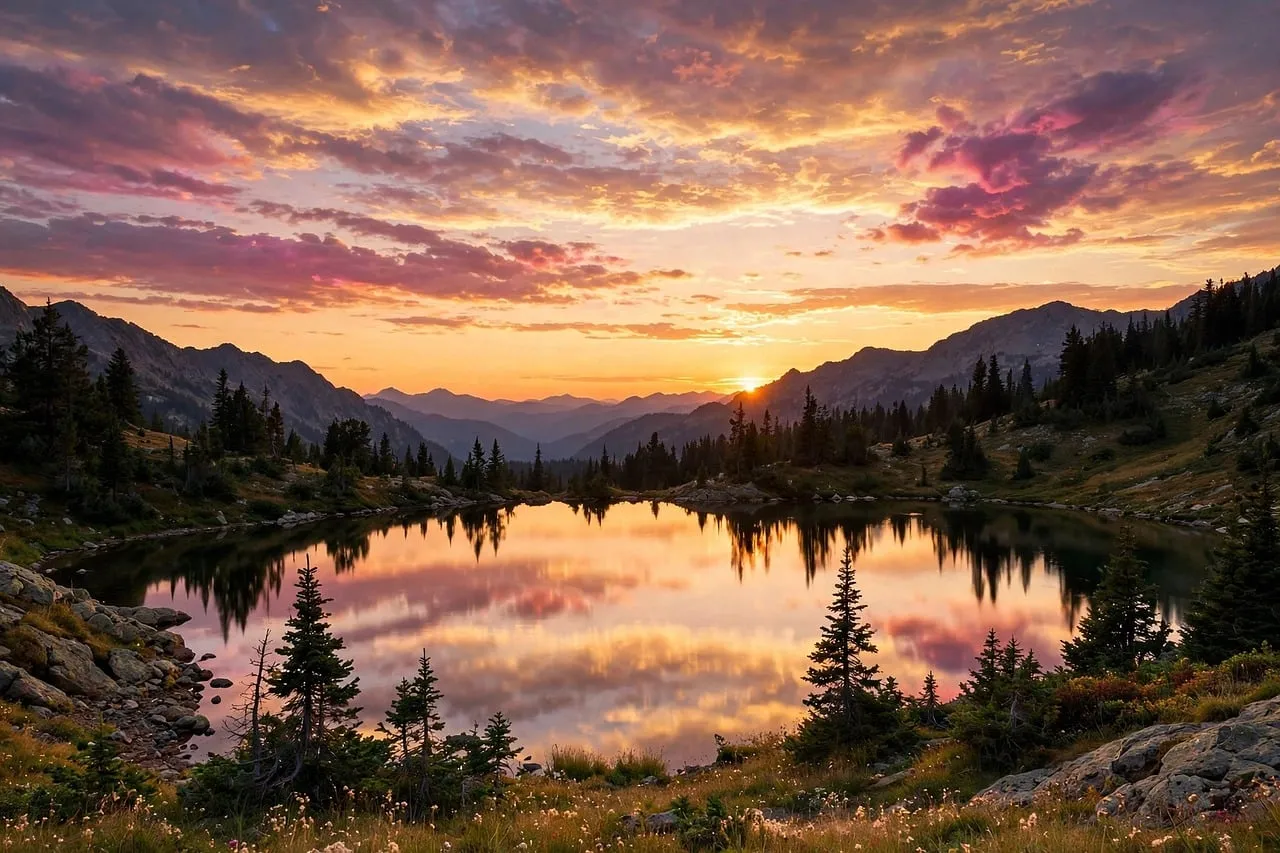 Breathtaking Autumn Sunset Over Serene Mountain Lake