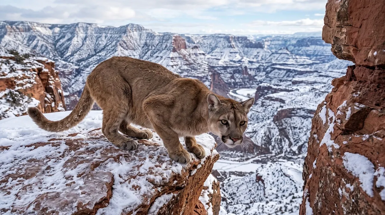 Majestic Mountain Lion Prowling Snowy Canyon Peaks