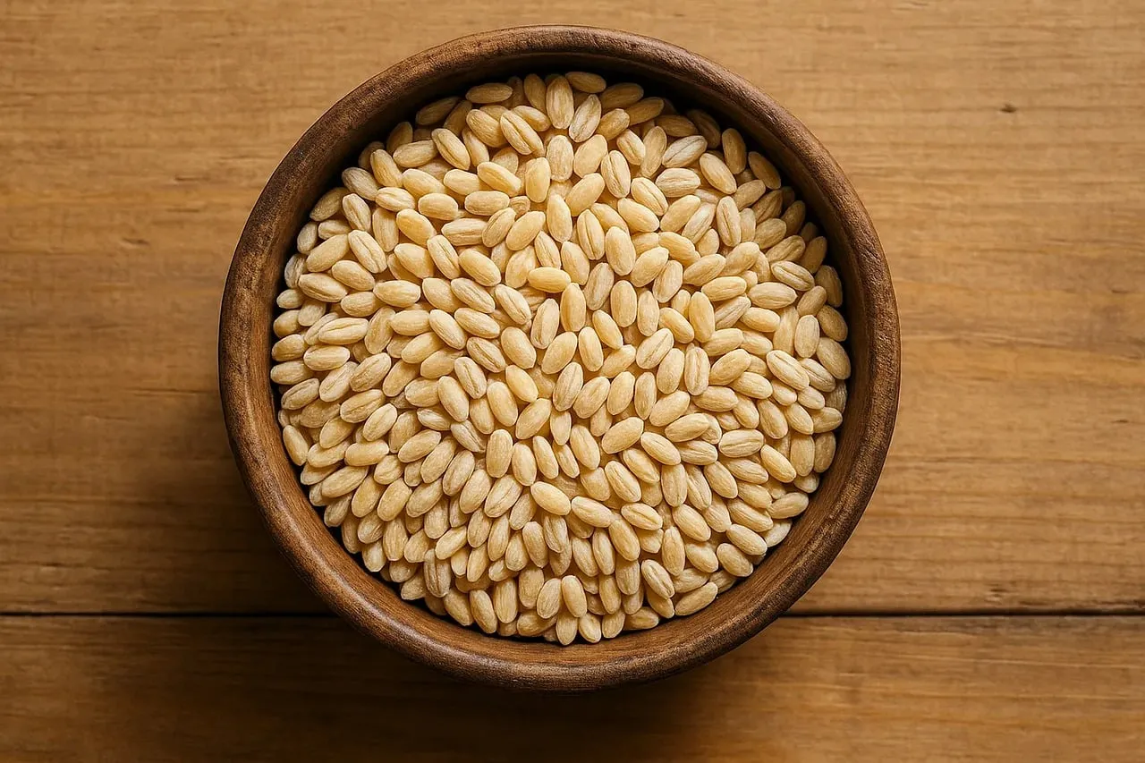 Golden Pearl Barley: Wholesome Grain in a Rustic Wooden Bowl