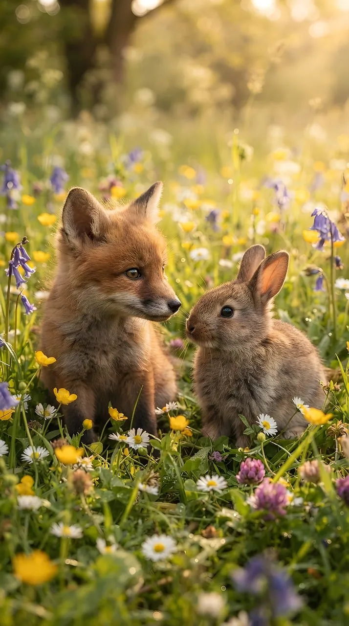 Enchanting Sunset Companions: Fox Kit and Bunny in Wildflower Meadow