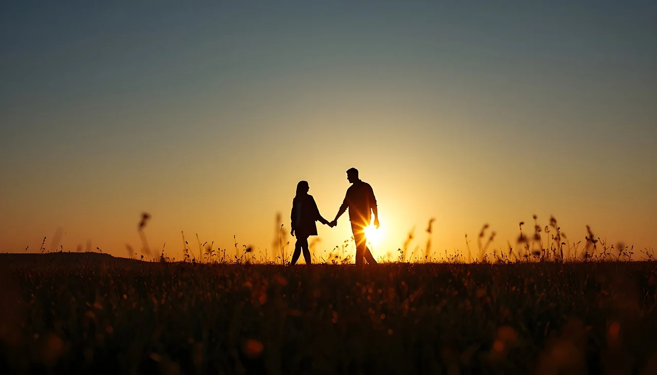 Enchanting Sunset Romance: Couple's Silhouetted Journey