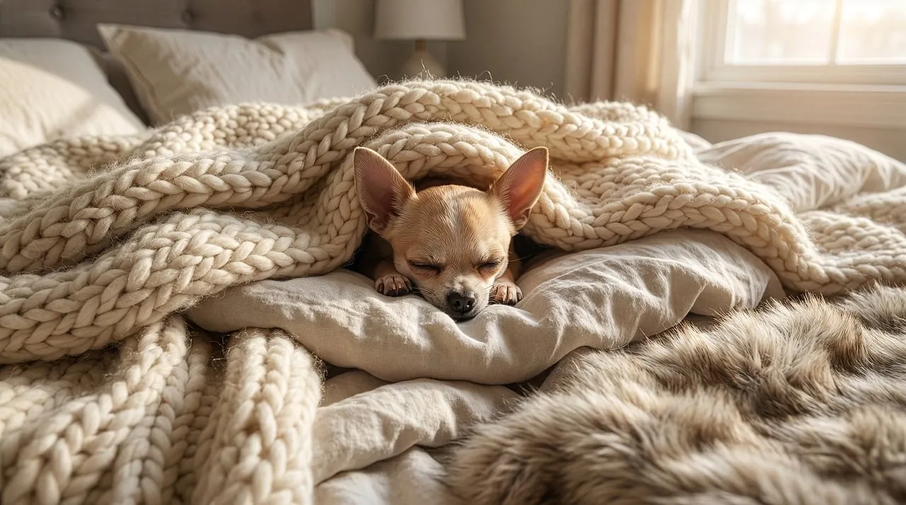 Adorably Snug Chihuahua Dreaming Sweetly Under Knitted Comfort