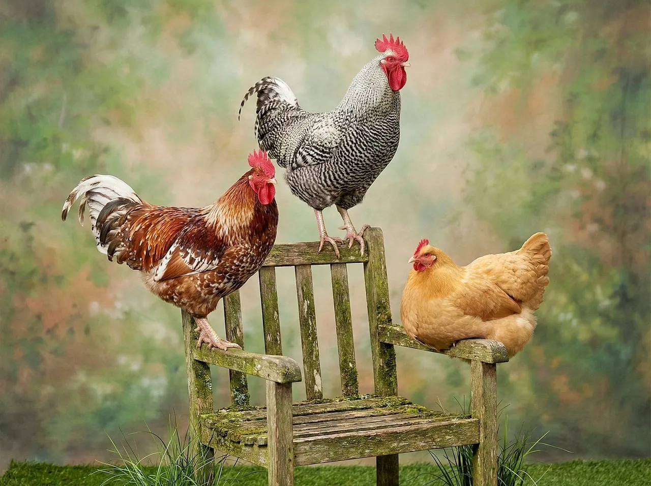 Rustic Charm: Hens & Roosters on a Mossy Bench