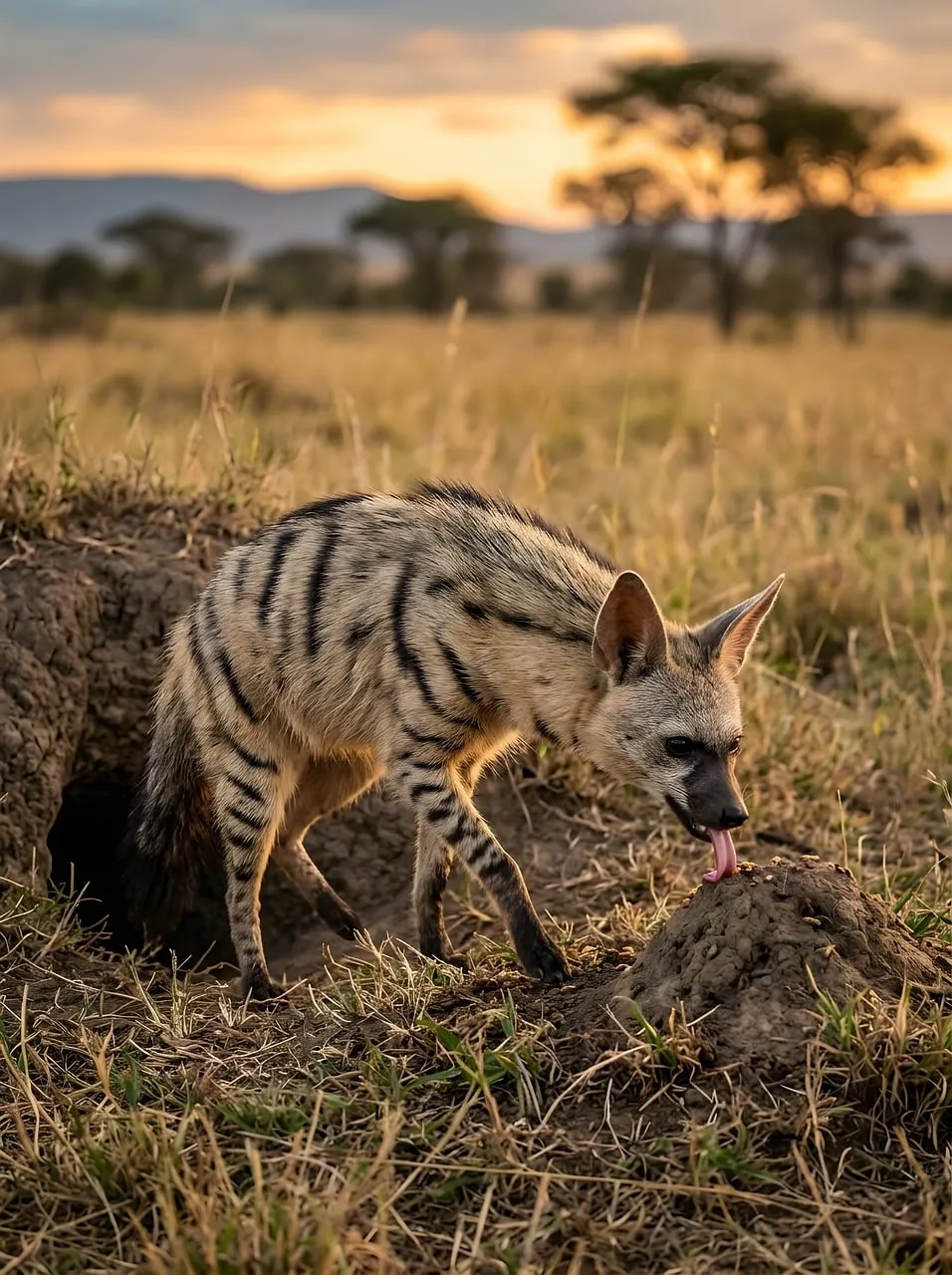 Golden Hour Gaze: Rare Aardwolf Emerges at Sunset