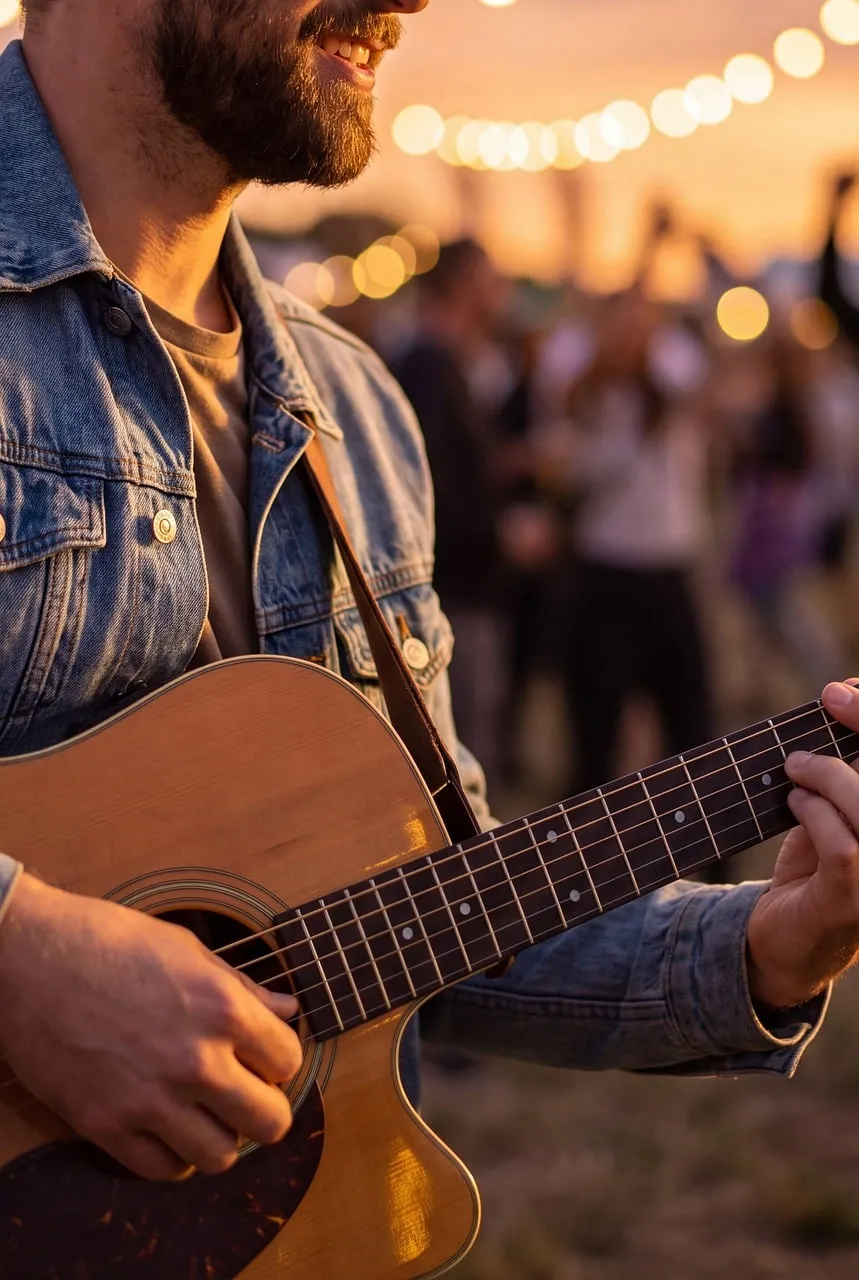 Enchanting Sunset Serenade: Acoustic Guitar Vibes Under Twinkling Lights