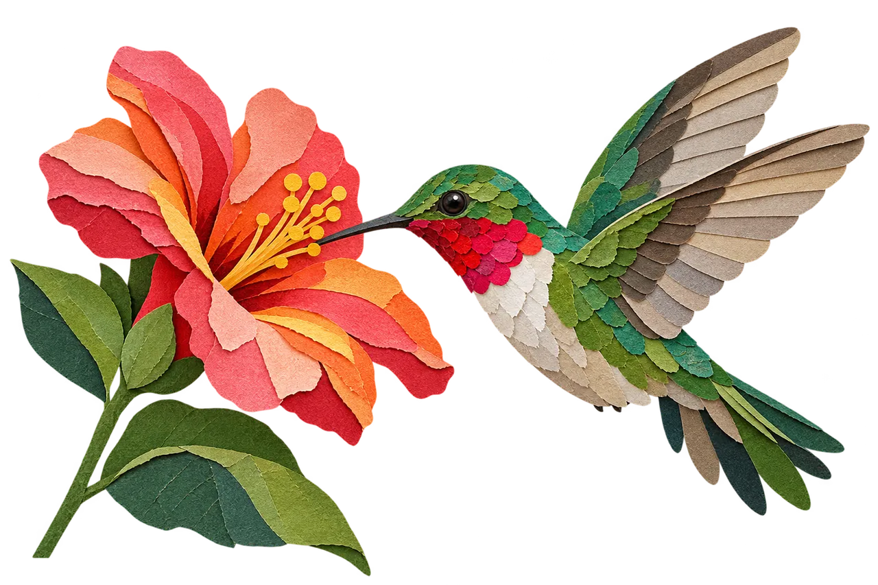 Vibrant Paper Art: Hummingbird Sips from Hibiscus Blossom