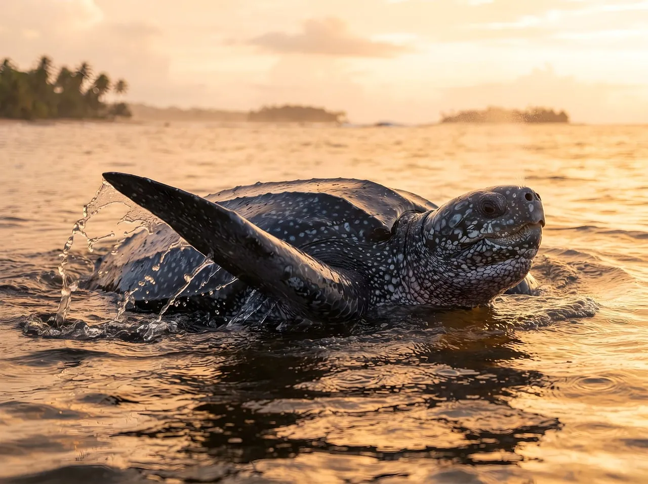 Majestic Leatherback Turtle Emerges at Golden Sunset Shore