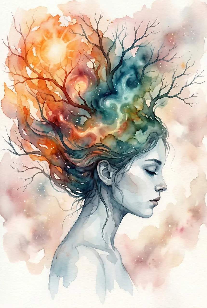 Cosmic Bloom: Ethereal Woman Embracing Universal Thoughts